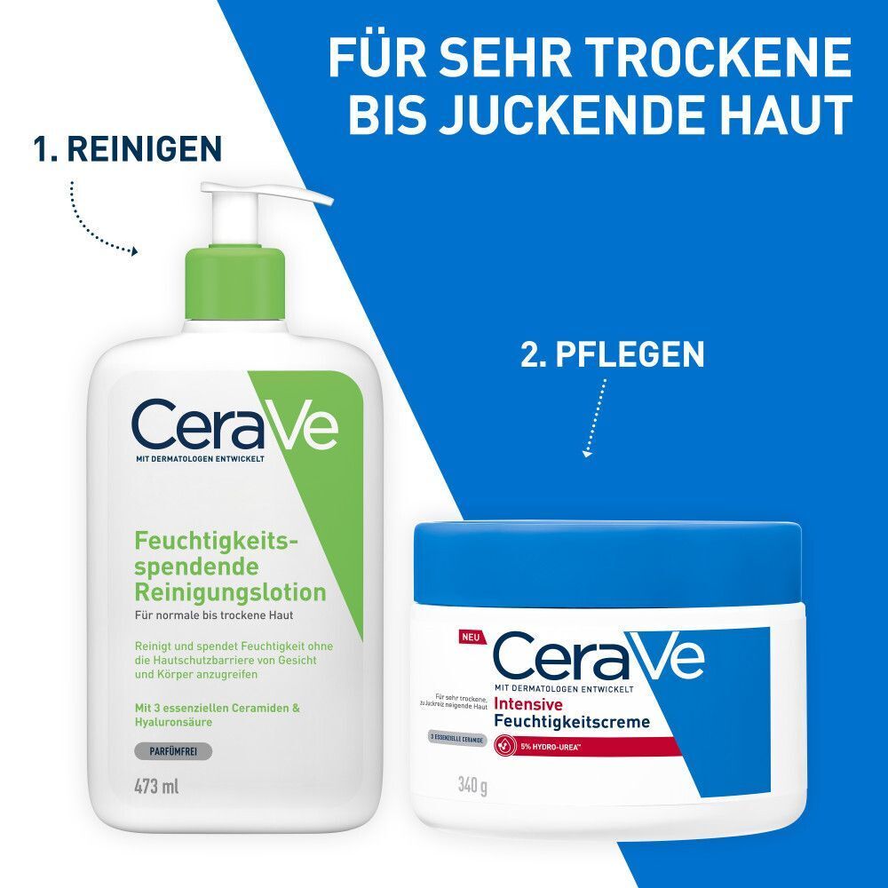 CeraVe Feuchtigkeitsspendende Reinigungslotion und CeraVe Intensive Feuchtigkeitspflege.