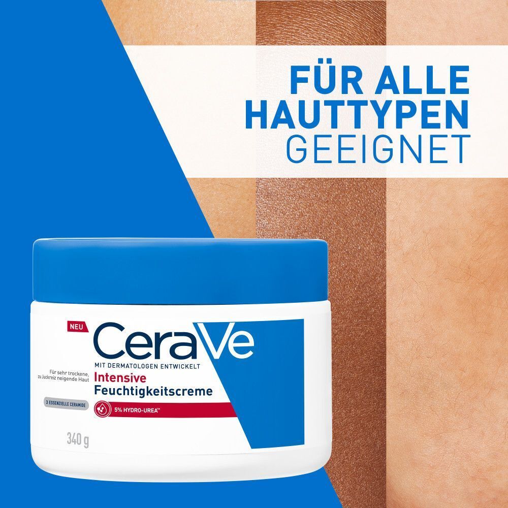 Tiegel CeraVe Intensive Feuchtigkeitspflege. Geeignet für alle Hauttypen. Hautfarben.