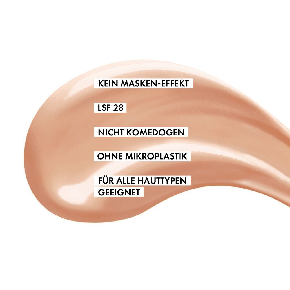 Produkt-Swatch mit Text: Kein Masken-Effekt, LSF 28, nicht komedogen, ohne Mikroplastik, für alle Hauttypen geeignet.