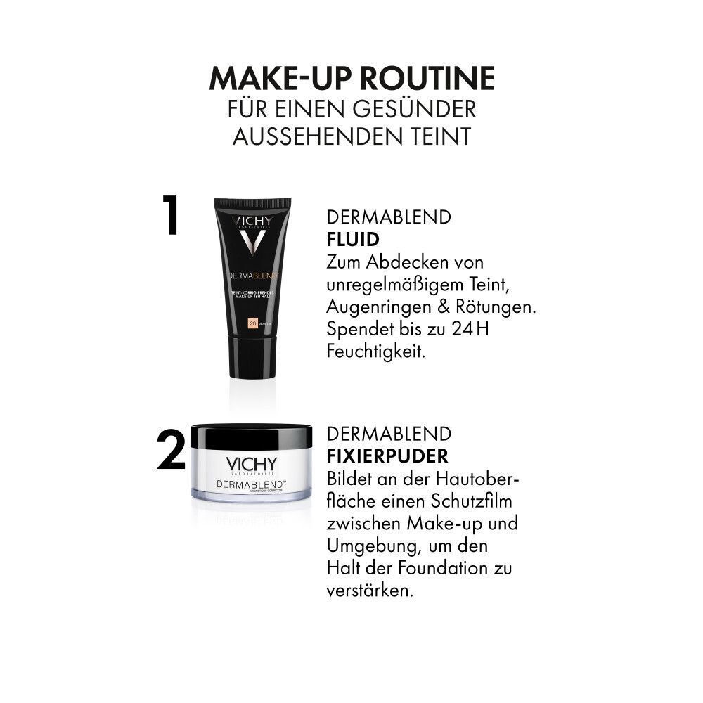 Make-up-Routine: Dermablend Fluid und Fixierpuder. Produkte und Beschreibungstexte.