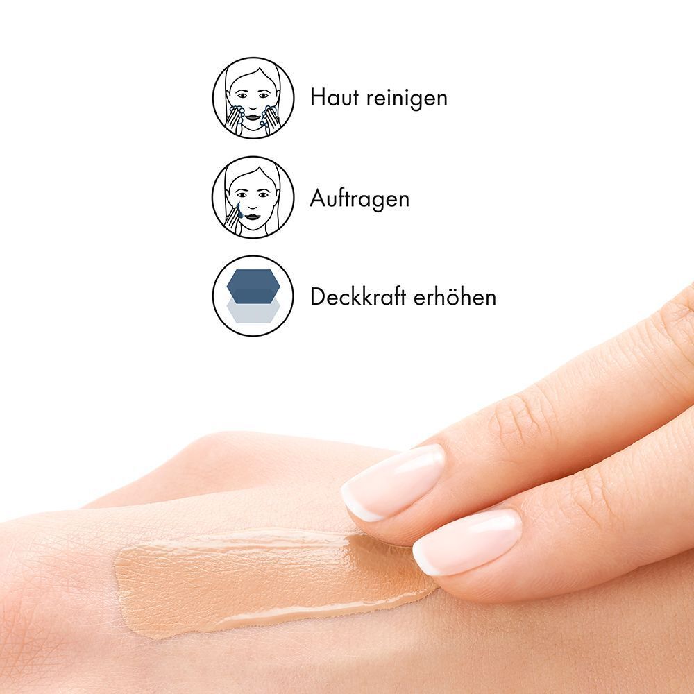 Anwendungsschritte: Haut reinigen, auftragen, Deckkraft erhöhen. Produkt auf Hand.