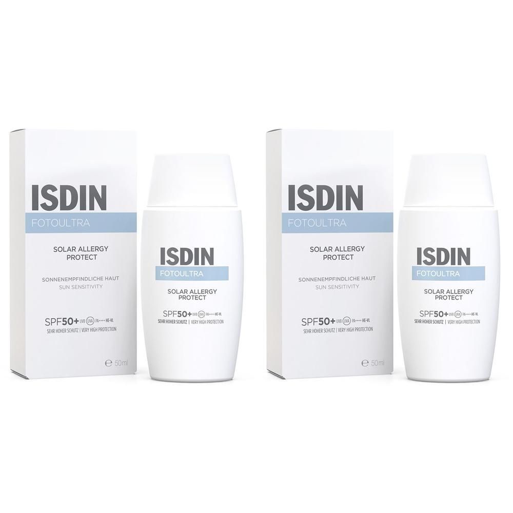 Zwei weiße Flaschen und Verpackungen von ISDIN Fotoultra Solar Allergy Protect Cre.LSF 50+.