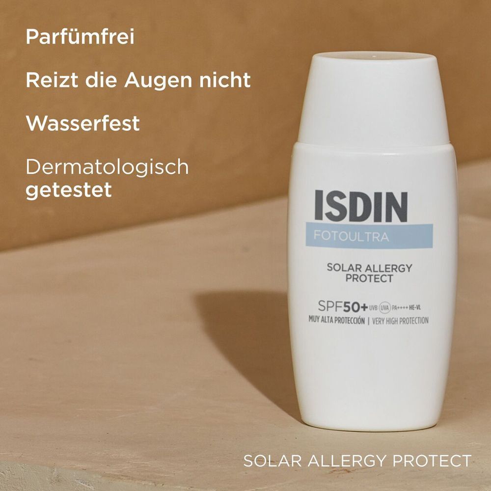 Weiße Flasche ISDIN Fotoultra Solar Allergy Protect. Text: Parfümfrei, reizt die Augen nicht, wasserfest, dermatologisch getestet.