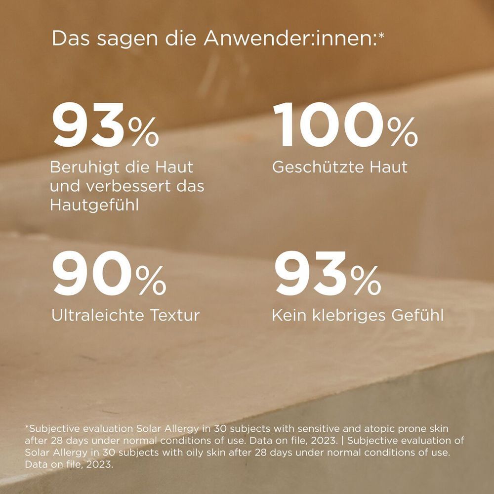Grafik mit Prozentangaben. Text: 93% beruhigt die Haut, 100% geschützte Haut, 90% ultraleichte Textur, 93% kein klebriges Gefühl.
