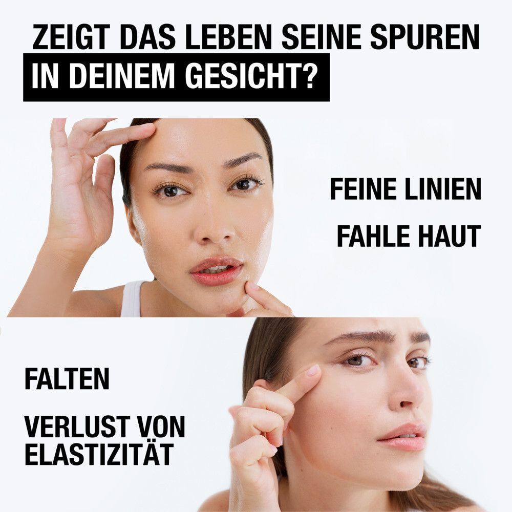 Zwei Frauen berühren ihr Gesicht. Text: Feine Linien, fahle Haut, Falten, Verlust von Elastizität.
