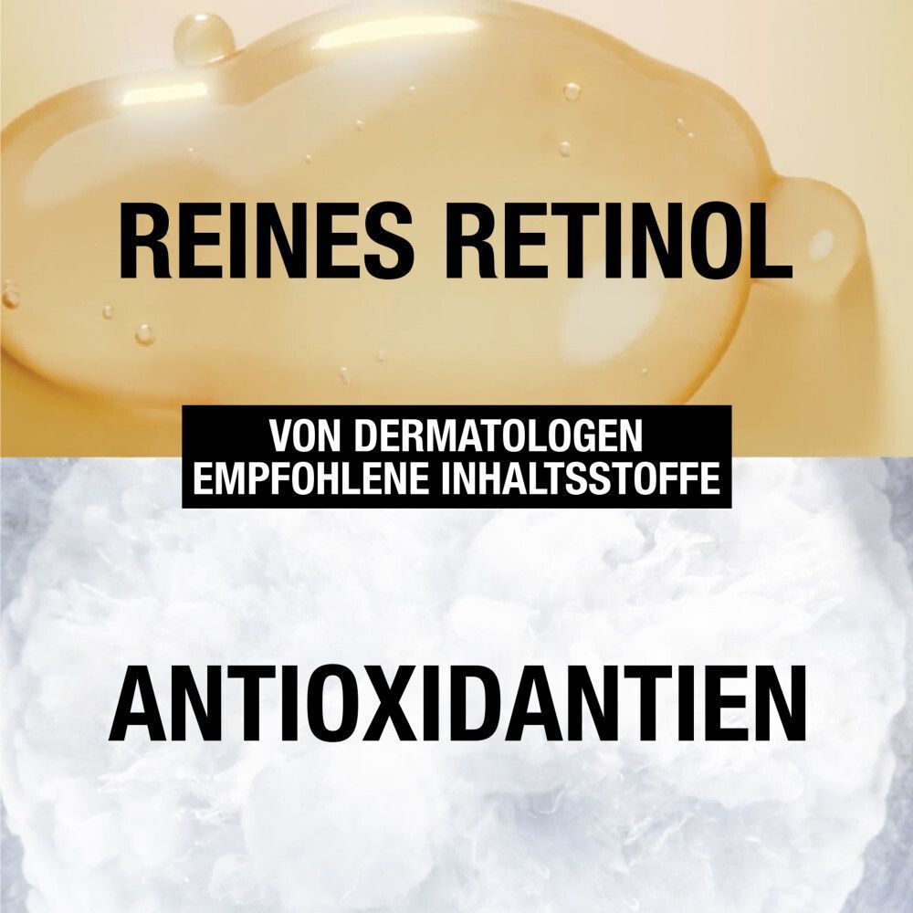 Nahaufnahme von Flüssigkeit. Text: Reines Retinol, von Dermatologen empfohlene Inhaltsstoffe, Antioxidantien.