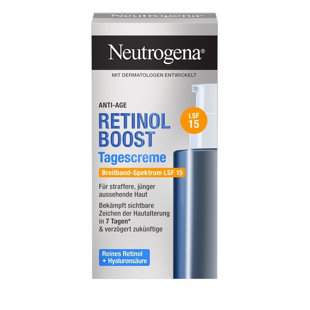 Neutrogena Anti-Age Retinol Boost Tagescreme LSF 15. Verpackung mit Produkt und Text.