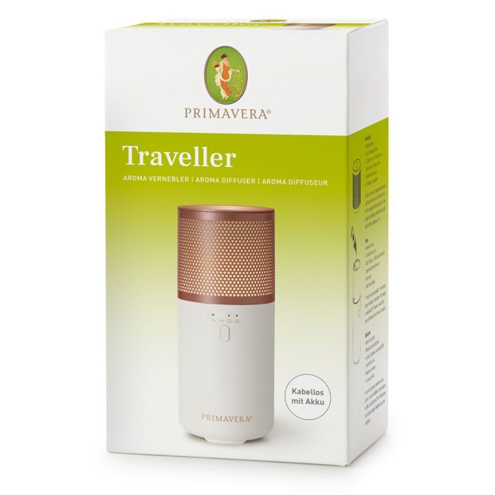Aroma Vernebler Traveller in Verpackung. Weißes Gehäuse mit kupferfarbenem Gitter. Text: PRIMAVERA, Traveller.
