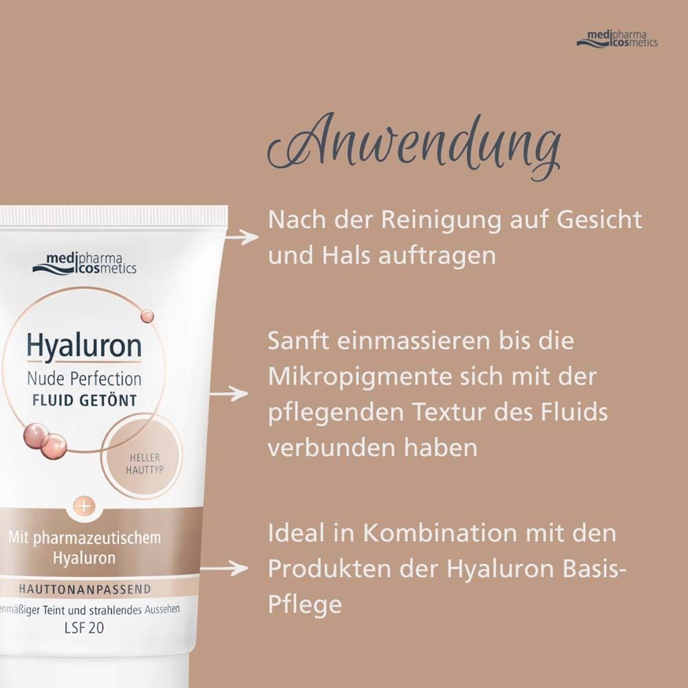 Anwendungshinweise. Tube HYALURON NUDE Perfect.Fluid getönt hell.HT LSF 20. Auftragen, einmassieren, in Kombination mit Hyaluron Basis-Pflege.