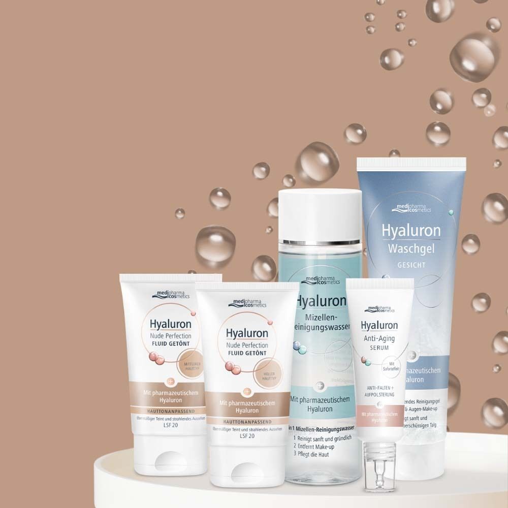 Verschiedene Produkte der Marke. HYALURON NUDE Perfect.Fluid getönt hell.HT LSF 20, Waschgel, Mizellen-Reinigungswasser, Anti-Aging Serum.