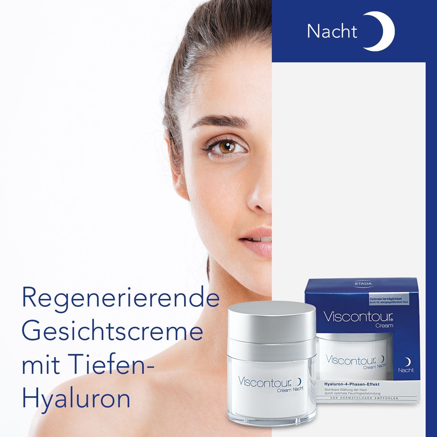 Frau mit Gesichtshälfte. VISCONTOUR Nachtcreme und Verpackung. Text: Regenerierende Gesichtscreme mit Tiefen-Hyaluron.