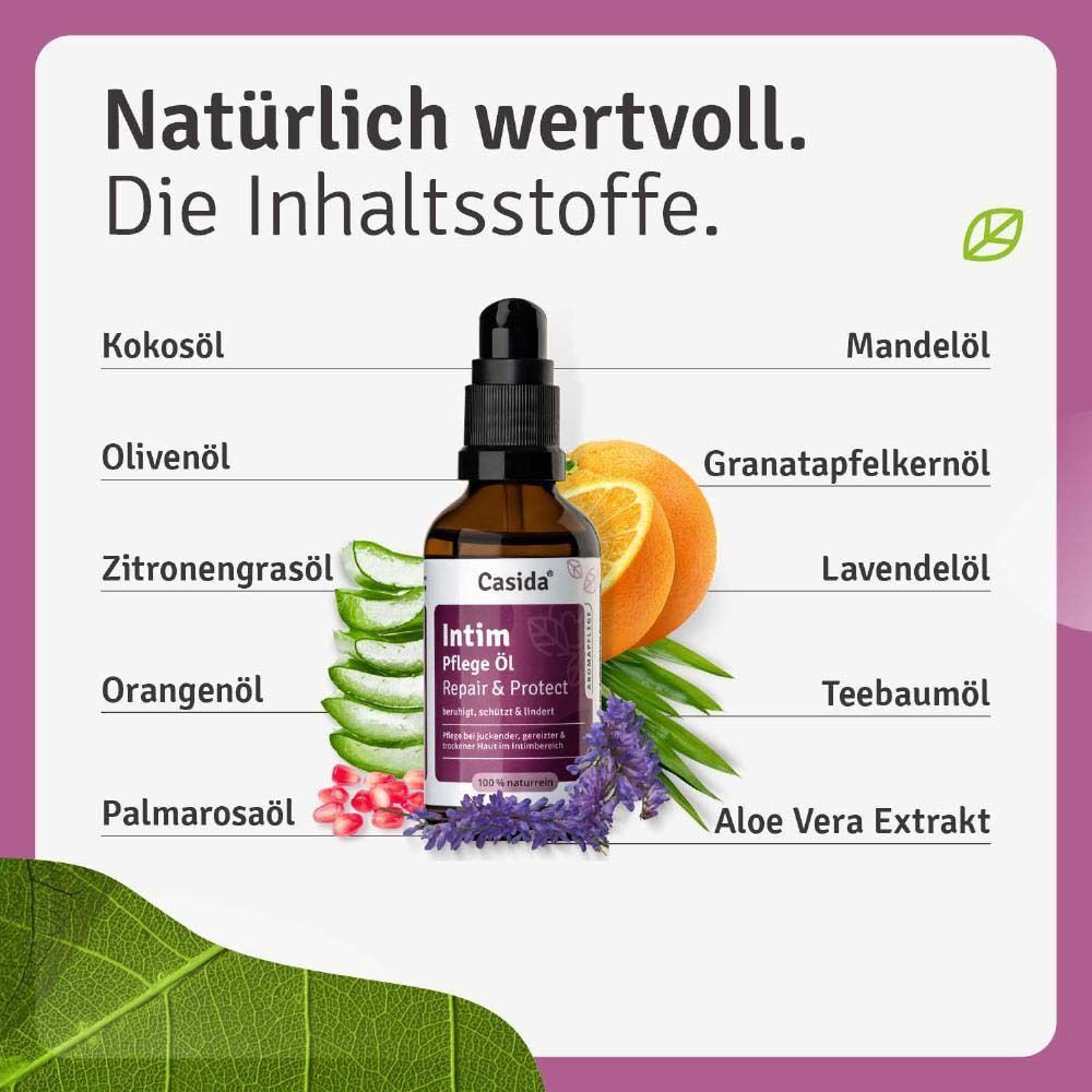 Abbildung von Inhaltsstoffen: Kokosöl, Olivenöl, Zitronengrasöl, Orangenöl, Palmarosaöl, Mandelöl, Granatapfelkernöl, Lavendelöl, Teebaumöl, Aloe Vera Extrakt.