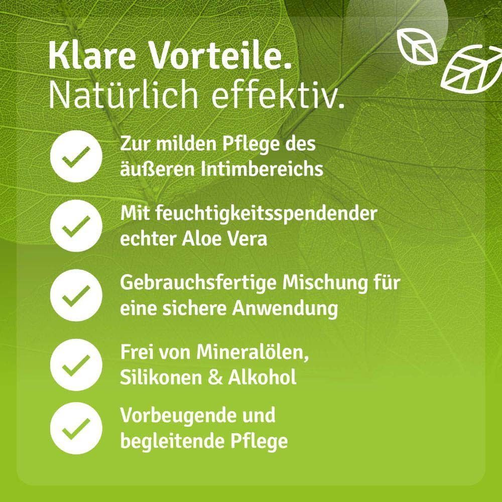 Aufzählung: Zur milden Pflege des äußeren Intimbereichs, mit feuchtigkeitsspendender Aloe Vera, gebrauchsfertige Mischung, frei von Mineralölen, Silikonen & Alkohol.