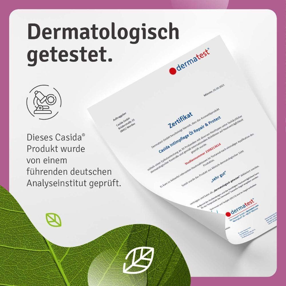 Zertifikat: Dermatologisch getestet. Zertifikat von einem deutschen Analyseinstitut. Produkt: Casida Intimpflege Öl Repair & Protect.