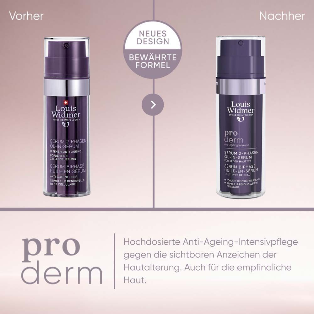Vergleich von Serum 2-Phasen o.P. von Louis Widmer. Links: altes Design. Rechts: neues Design. Text: Bewährte Formel.