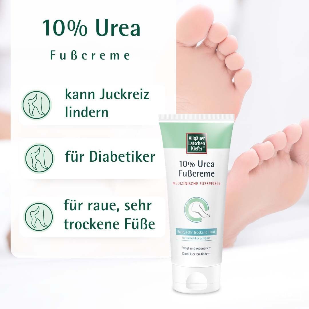 Tuben Fußcreme mit Füßen im Hintergrund. Aufschrift: 10% Urea Fußcreme. Medizinische Fußpflege. Für Diabetiker geeignet.