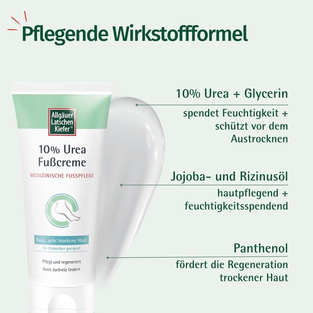 Tube Fußcreme mit Inhaltsstoff-Grafik. Aufschrift: 10% Urea Fußcreme. Medizinische Fußpflege. 10% Urea + Glycerin, Jojoba- und Rizinusöl, Panthenol.