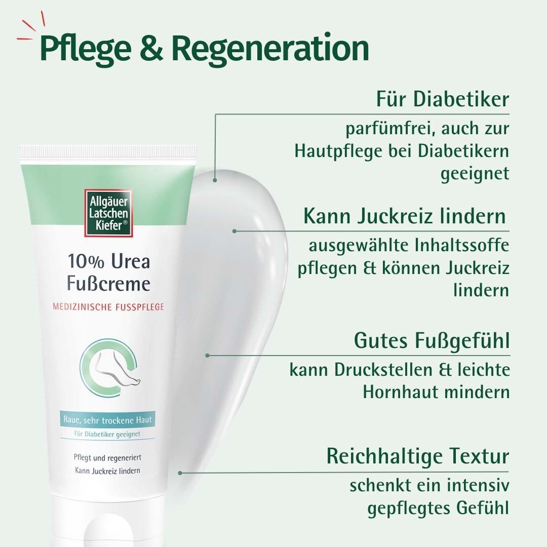 Tube Fußcreme mit Pflege- und Regenerations-Grafik. Aufschrift: 10% Urea Fußcreme. Medizinische Fußpflege. Für Diabetiker, lindert Juckreiz, gutes Fußgefühl.