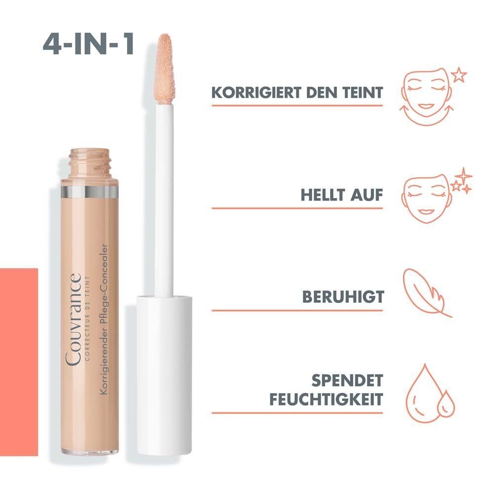 Concealer-Tube mit Applikator. Aufschrift: Couvrance, Korrigierender Pflege-Concealer. Text: 4-IN-1. Beige Farbton.