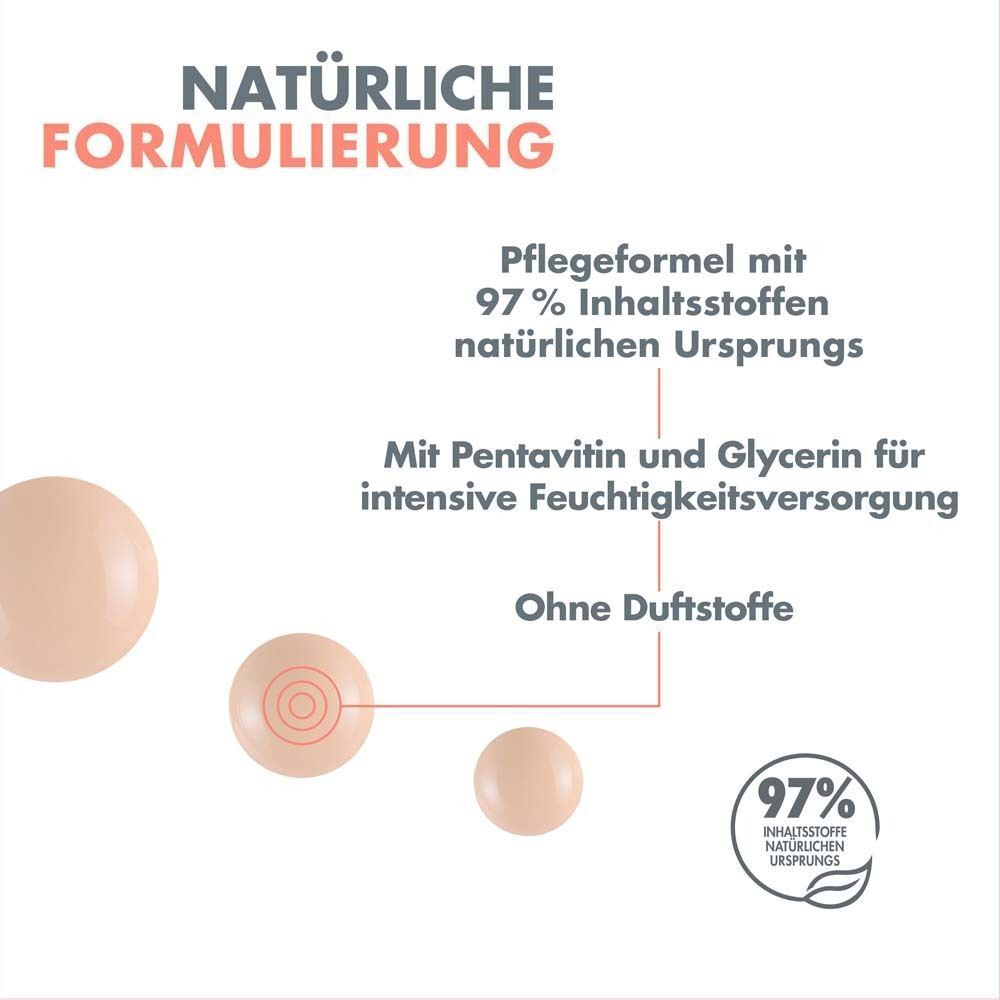 Drei runde, beige Farbkleckse. Text: Natürliche Formulierung. 97% Inhaltsstoffe natürlichen Ursprungs. Ohne Duftstoffe.