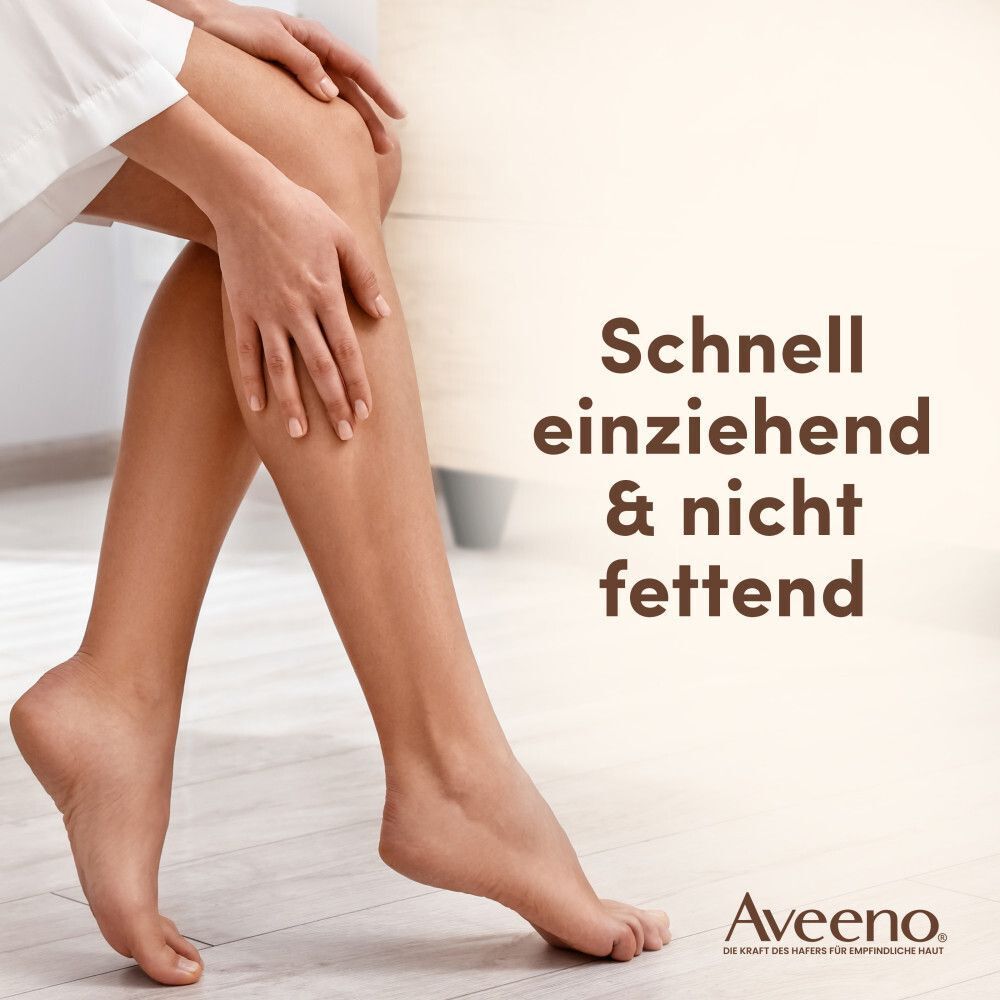 Beine. Text: Schnell einziehend & nicht fettend. Aveeno Logo.