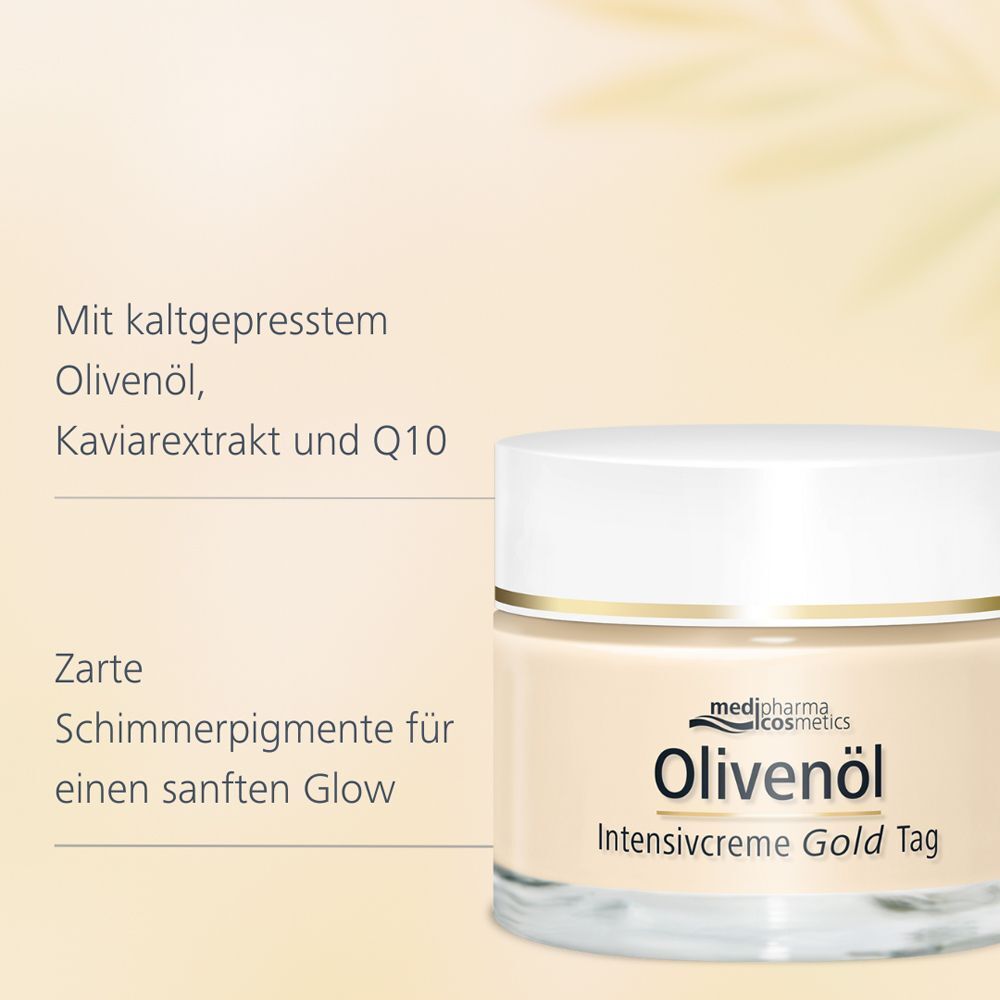 Tiegel Olivenöl Intensivcreme Gold Tag. Text: Mit kaltgepresstem Olivenöl, Kaviarextrakt und Q10. Zarte Schimmerpigmente.