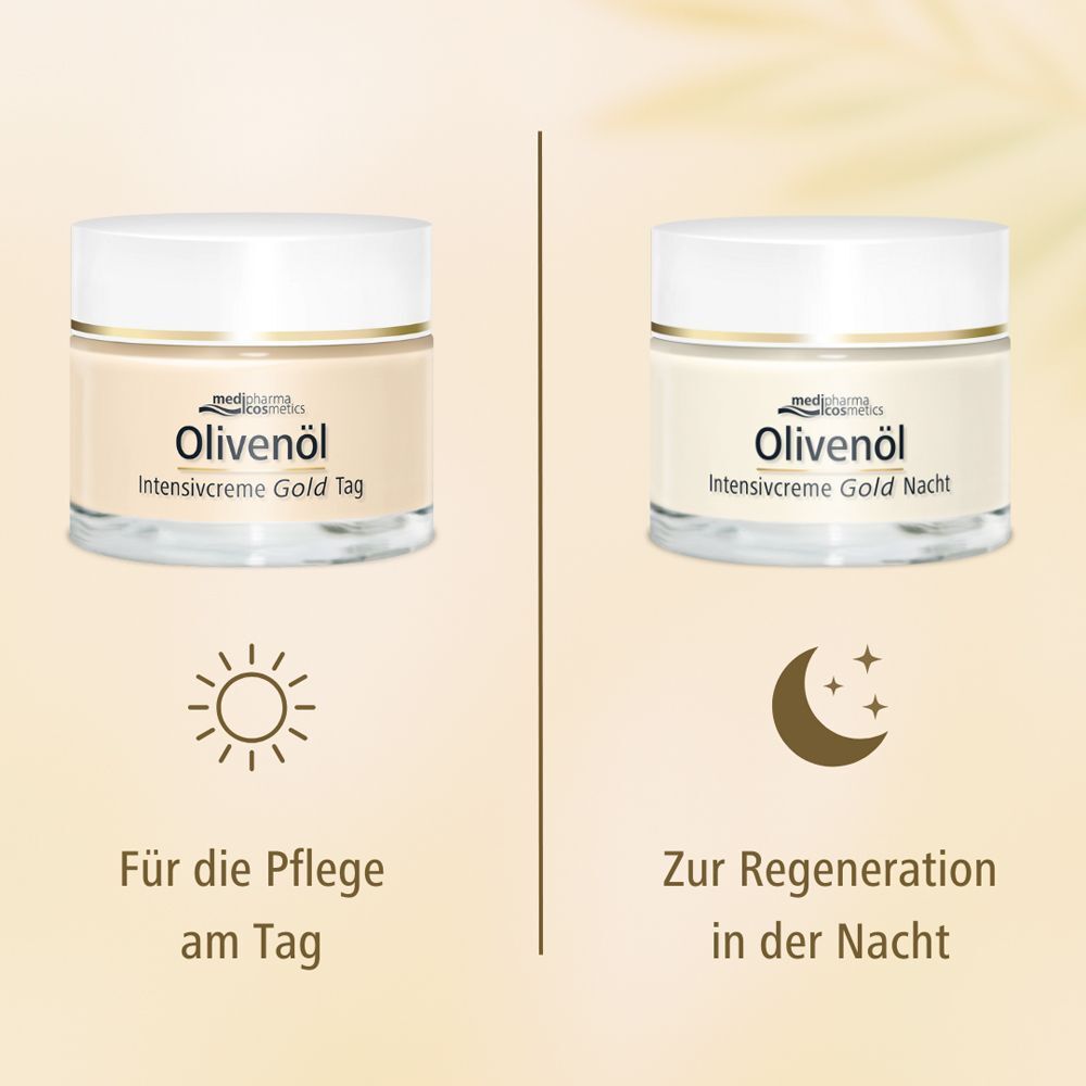 Zwei Tiegel: Olivenöl Intensivcreme Gold Tag und Nacht. Symbole: Sonne und Mond mit Sternen. Text: Für die Pflege am Tag.