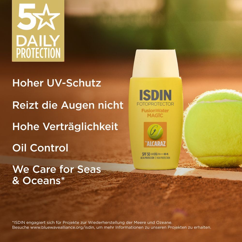 Gelbe Flasche mit weißem Deckel und Text. Text: Hoher UV-Schutz, reizt die Augen nicht, hohe Verträglichkeit, Oil Control.
