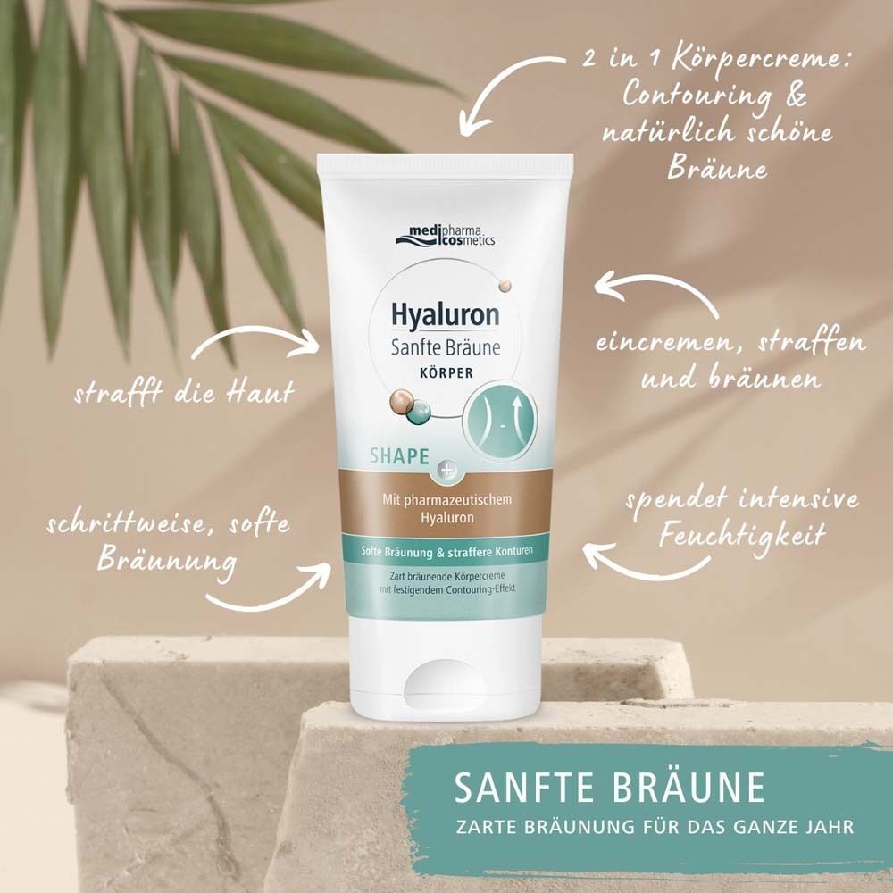 Körpercreme-Tube. Aufschrift: Hyaluron Sanfte Bräune Körper. Marke: medipharma cosmetics. Pfeile zeigen auf Eigenschaften.