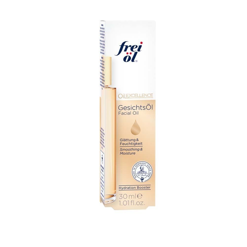 Gesichtsöl-Flasche in Verpackung. Aufschrift: frei öl, Gesichtsöl, 30ml. Verpackung: weiß, beige, Produktabbildung.