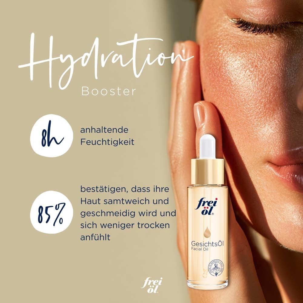Gesicht einer Frau. Text: Hydration Booster, 8h anhaltende Feuchtigkeit, 85% bestätigen, dass Haut geschmeidig wird. Flasche frei öl.