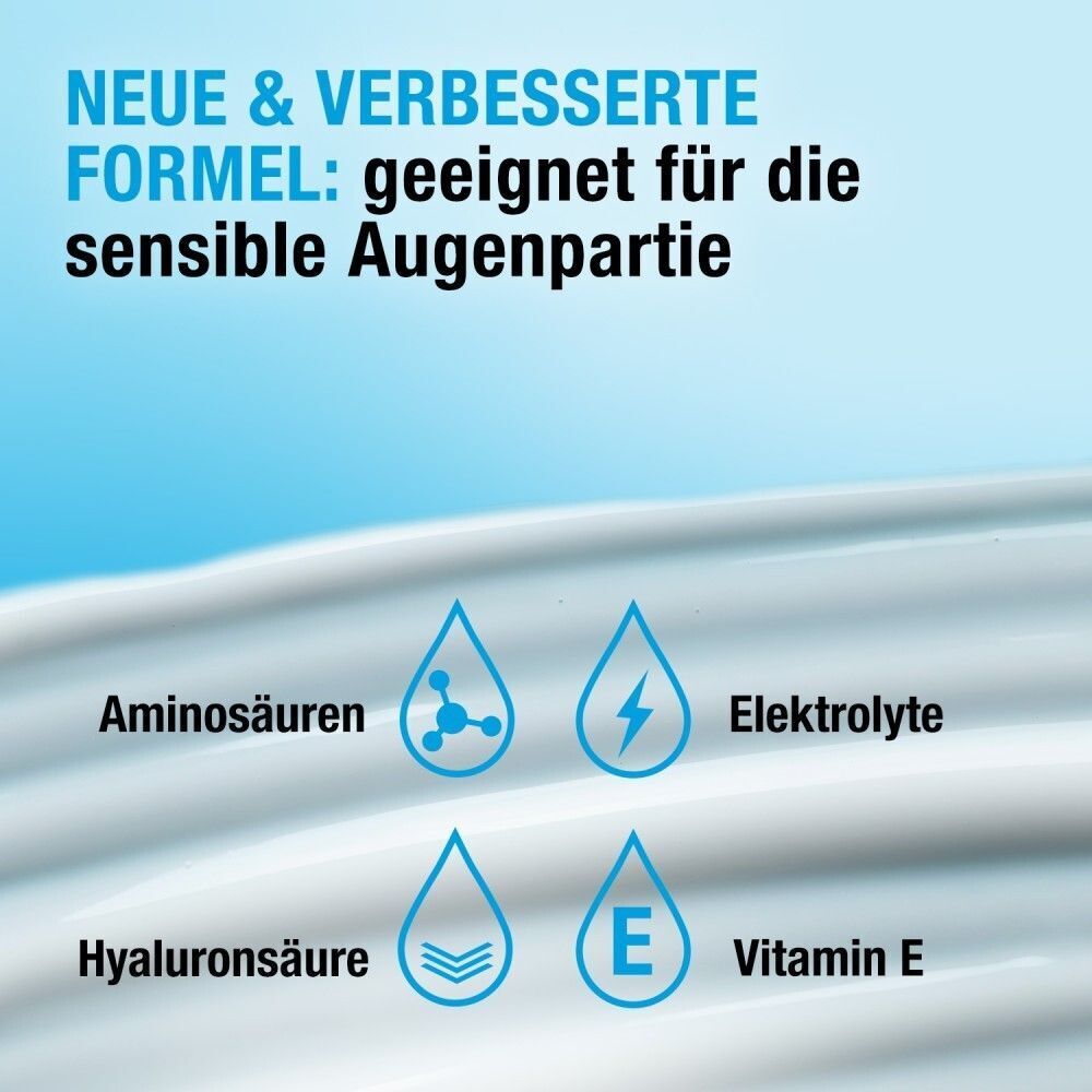 Blauer Hintergrund mit Tropfen-Symbolen. Text: Aminosäuren, Elektrolyte, Hyaluronsäure, Vitamin E. Text: Neue & verbesserte Formel.