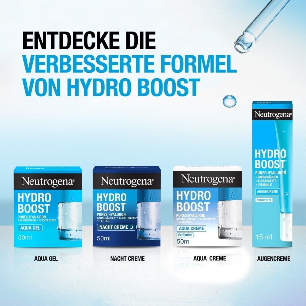 Verschiedene Produkte der Hydro Boost Serie. Aqua Gel, Nacht Creme, Aqua Creme, Augencreme. Alle mit blauer Verpackung.