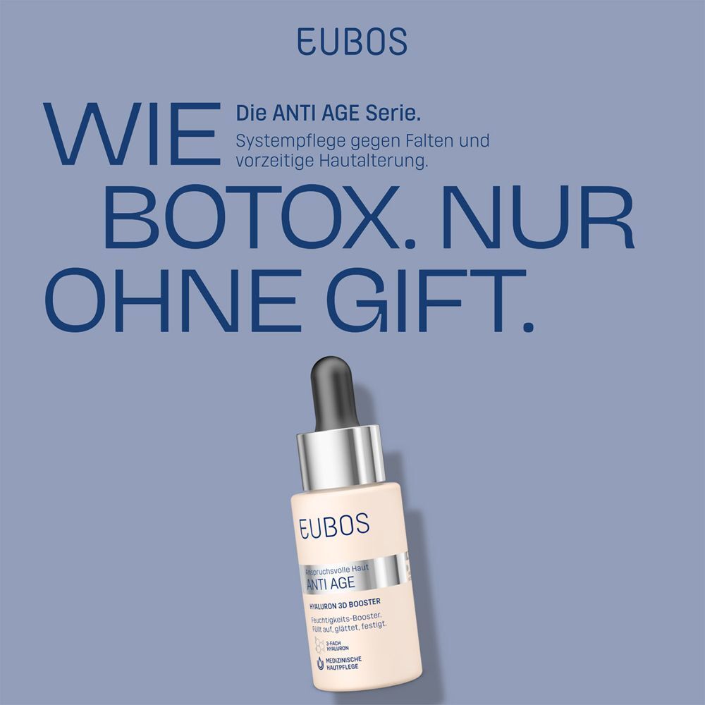 EUBOS ANTI AGE Hyaluron 3D Booster Gel. Flasche mit Pipette. Text: Wie Botox. Nur ohne Gift.
