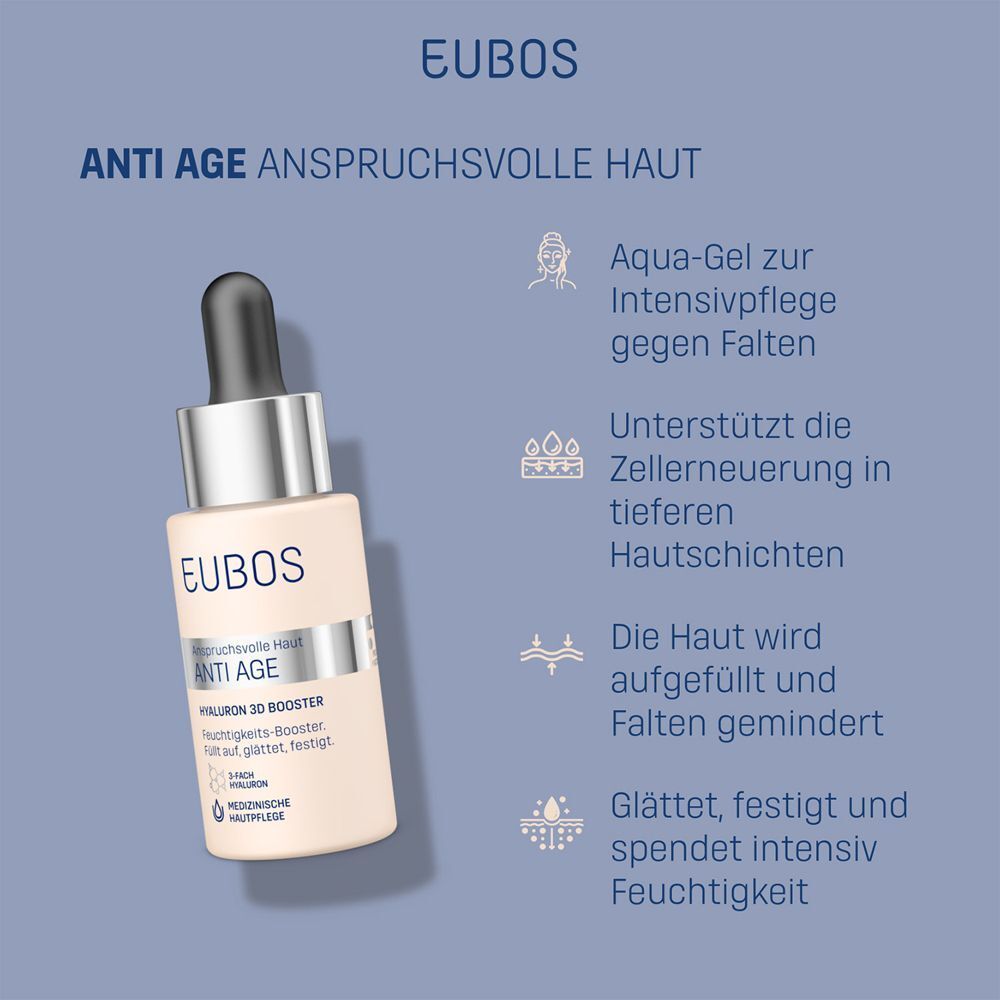 EUBOS ANTI AGE Hyaluron 3D Booster Gel. Flasche mit Pipette. Text: Aqua-Gel zur Intensivpflege gegen Falten.