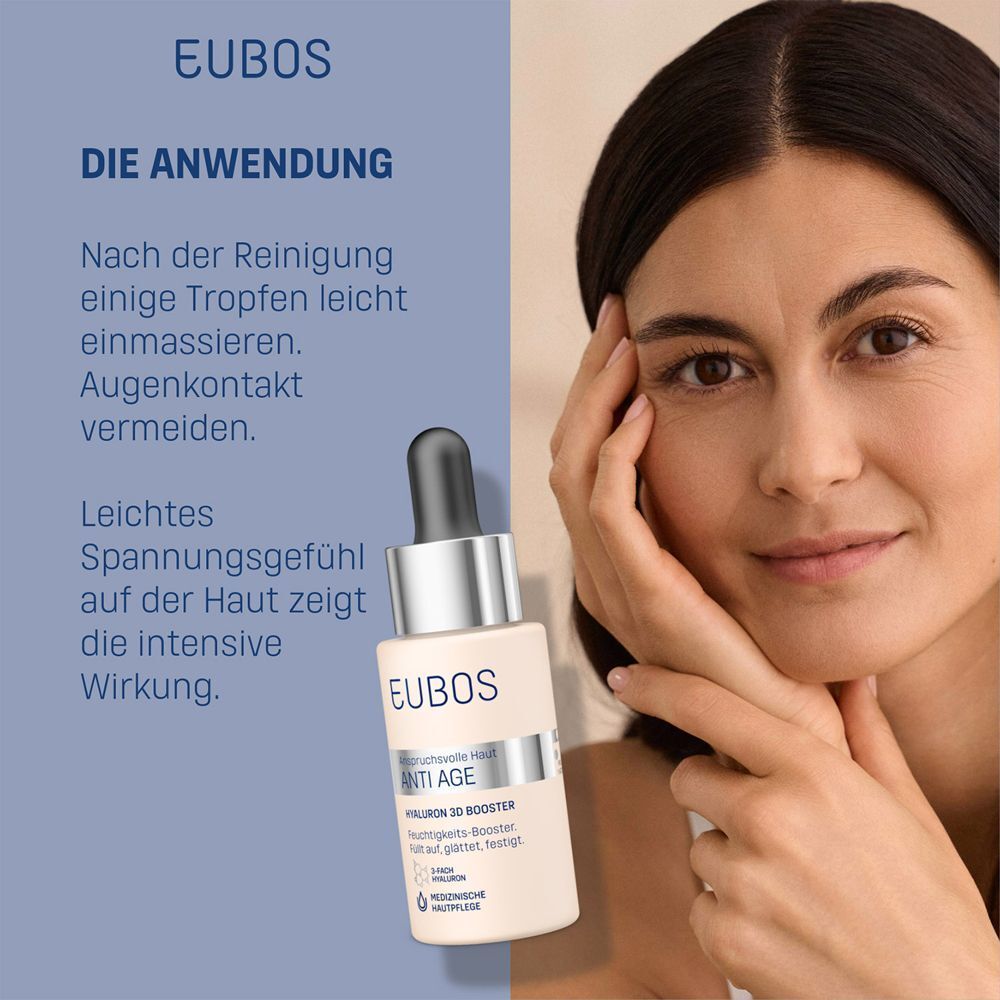 Frau. EUBOS ANTI AGE Hyaluron 3D Booster Gel. Flasche mit Pipette. Text: Anwendung.