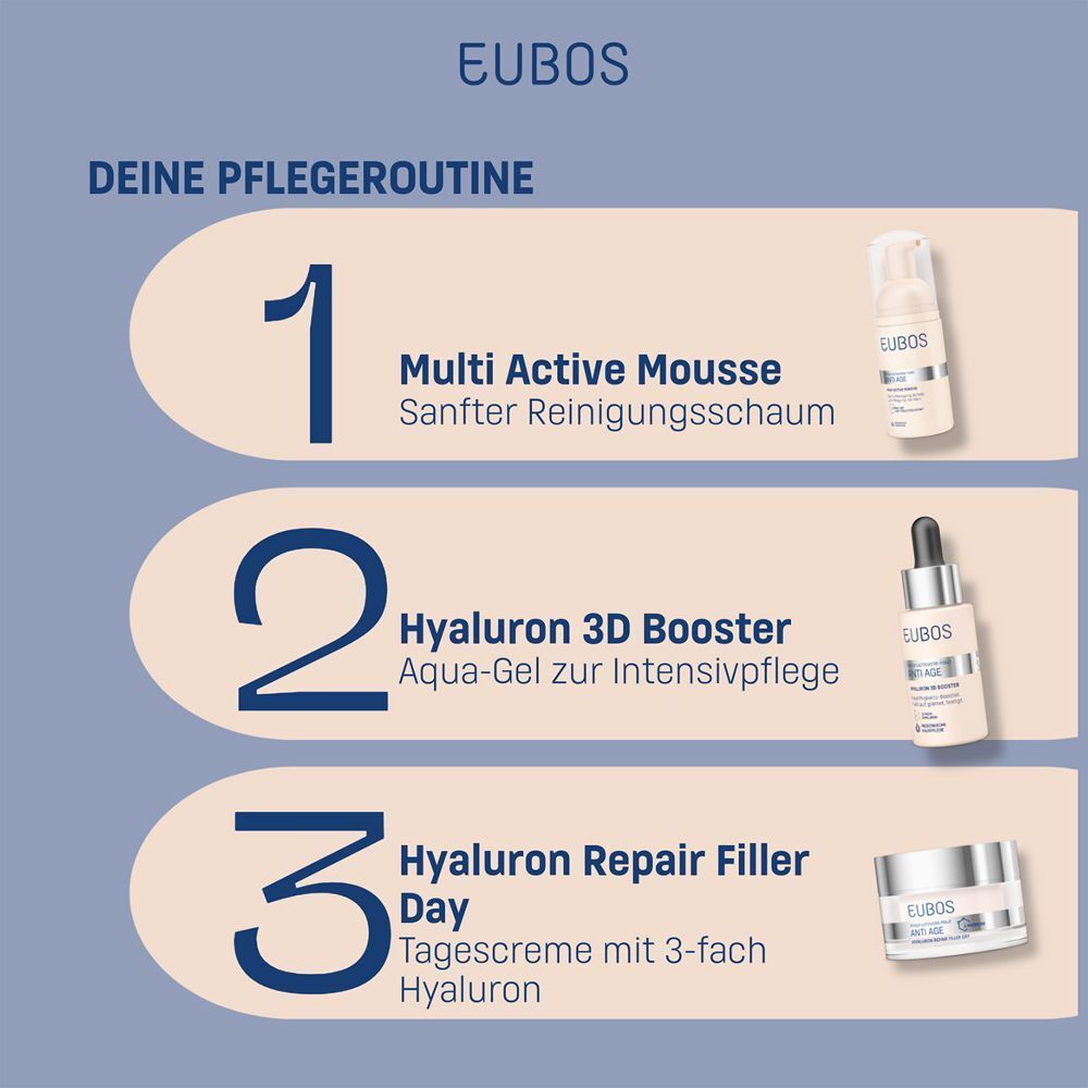Drei Produkte. EUBOS. Multi Active Mousse, Hyaluron 3D Booster, Hyaluron Repair Filler Day.