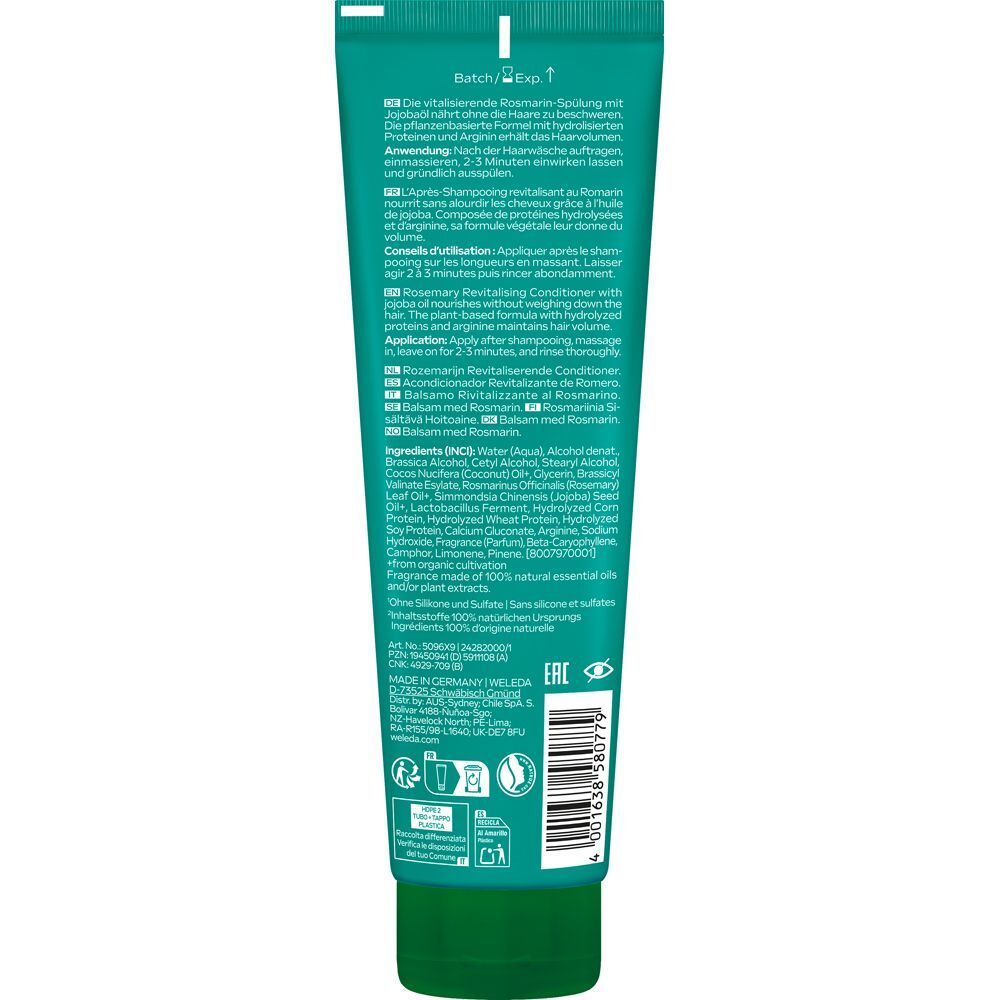 Rückseite einer grünen Tube WELEDA Rosmarin Revitalising Conditioner. Text: Anwendung, Inhaltsstoffe, 100% natürliche Inhaltsstoffe.