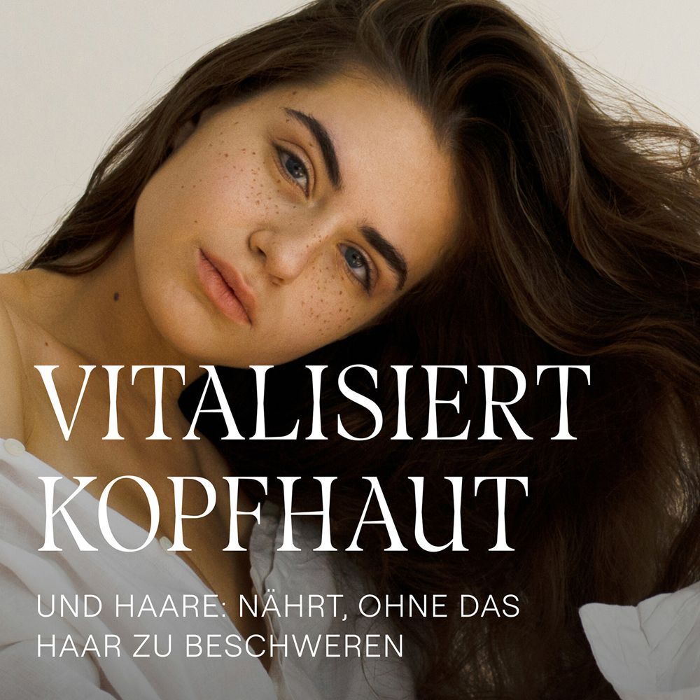 Frau mit langen, braunen Haaren. Text: Vitalisiert Kopfhaut und Haare; nährt, ohne das Haar zu beschweren.