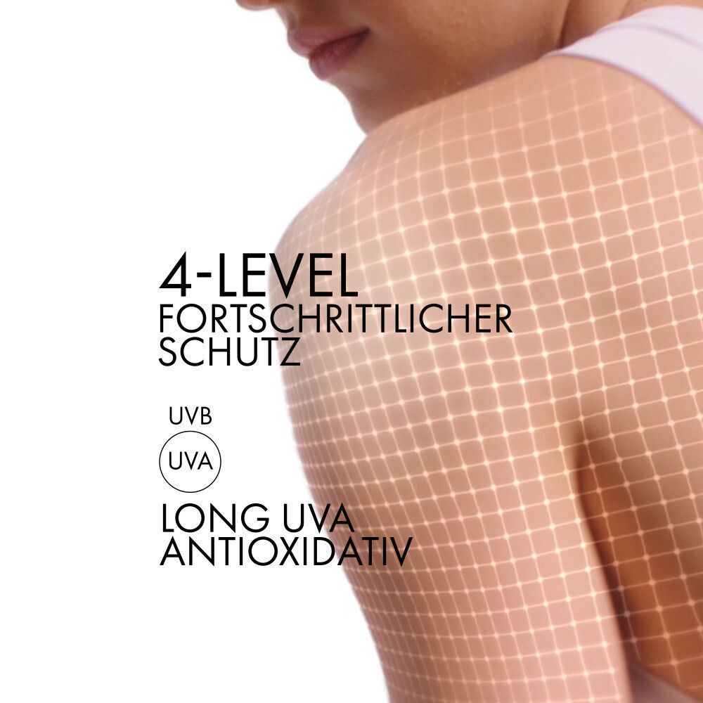 Schulter einer Person mit Raster. Text: 4-LEVEL FORTSCHRITTLICHER SCHUTZ. UVB, UVA, LONG UVA ANTIOXIDATIV.