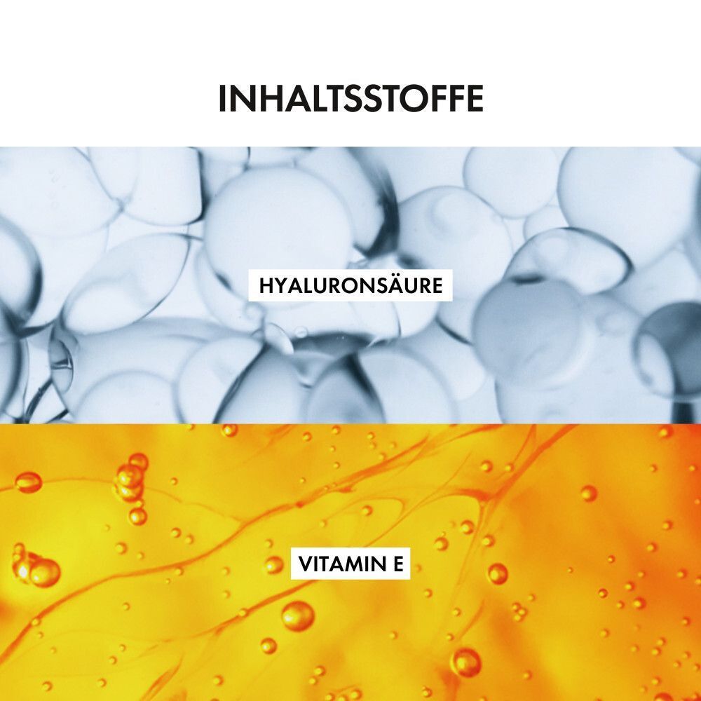 Nahaufnahme von Inhaltsstoffen. Text: HYALURONSÄURE, VITAMIN E.