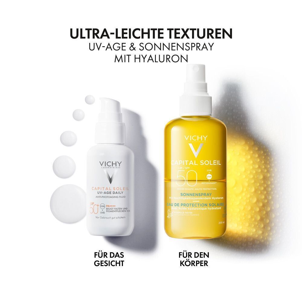 Zwei VICHY-Produkte. Links: VICHY CAPITAL Soleil UV-AGE DAILY. Rechts: VICHY CAPITAL Soleil Sonnenspray LSF 50. Text: FÜR DAS GESICHT, FÜR DEN KÖRPER.