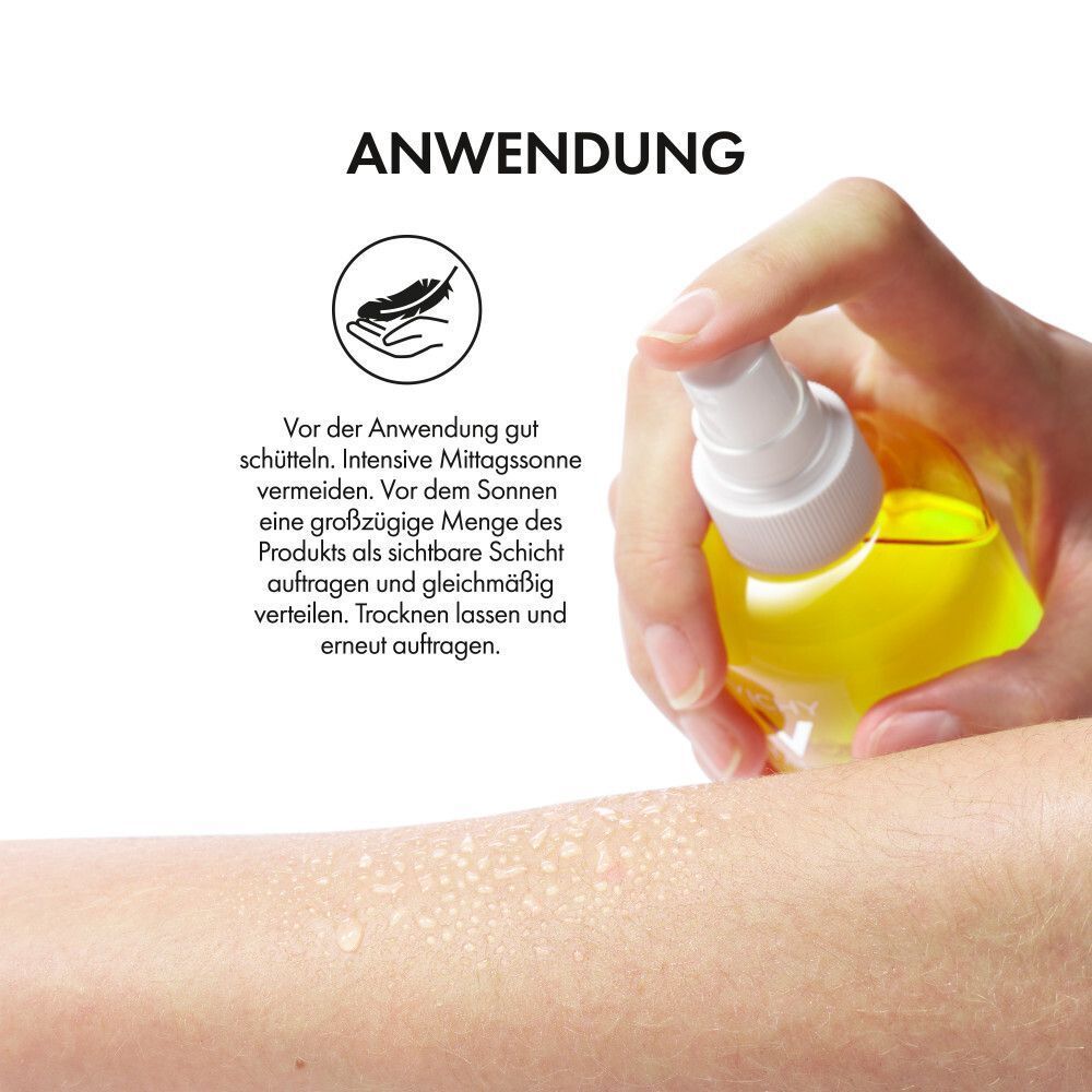Anwendung des Sonnensprays. Text: ANWENDUNG. Vor Gebrauch schütteln. Auf die Haut sprühen.