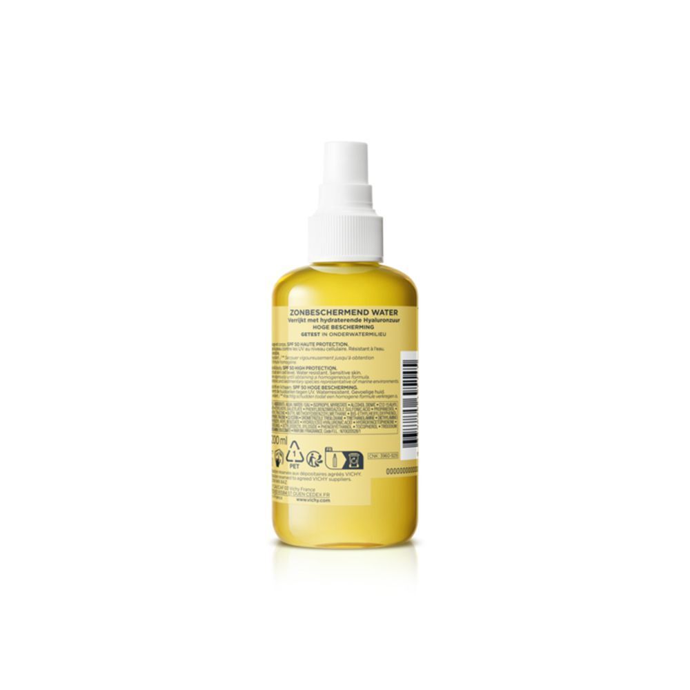 Rückseite einer Flasche VICHY CAPITAL Soleil Sonnenspray. Text und Symbole.