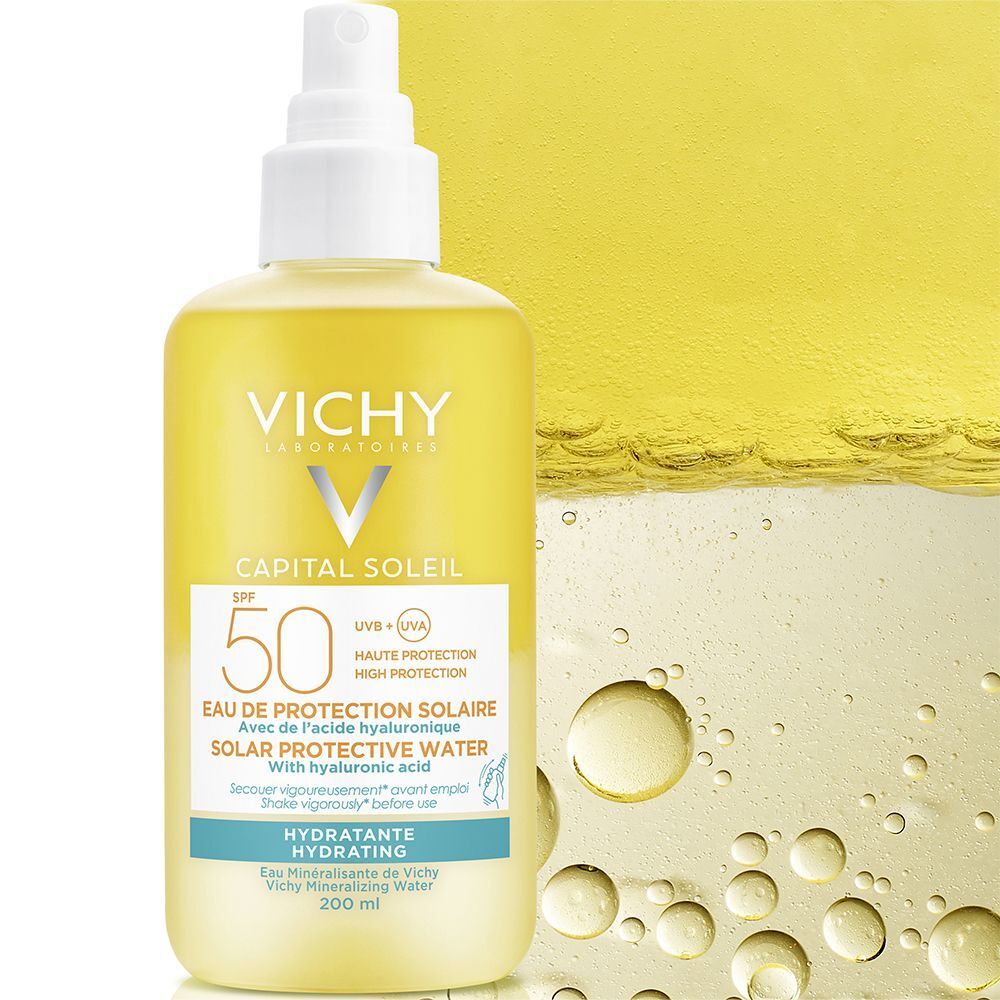 VICHY CAPITAL Soleil Sonnenspray LSF 50. Text: EAU DE PROTECTION SOLAIRE. 200 ml.