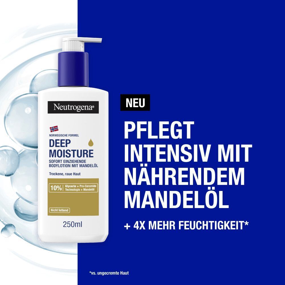 NEUTROGENA Deep Moisture Bodylotion mit Mandelöl. Weiße Flasche mit blauem Pumpkopf. Text: Deep Moisture, 250ml, +4x mehr Feuchtigkeit.