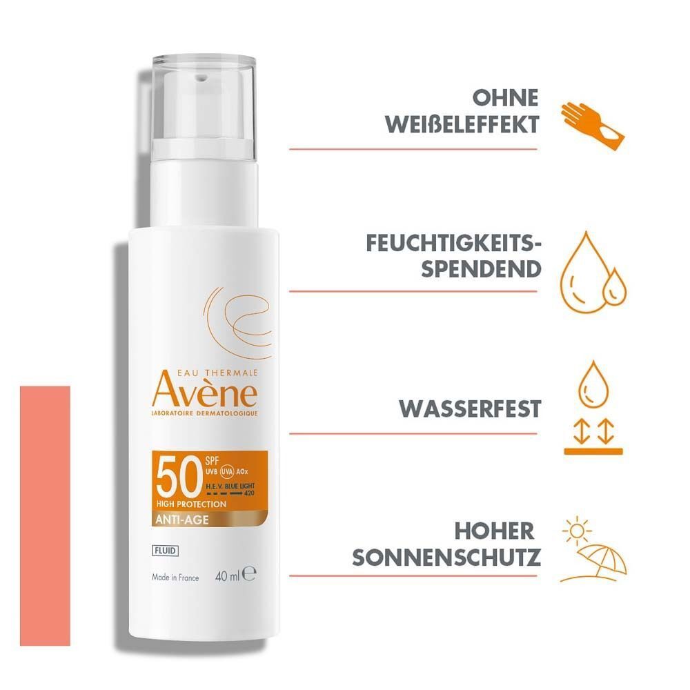 Weiße Flasche mit Pumpverschluss. Aufdruck: AVENE, 50 SPF, Anti-Age Fluid. Text: Ohne Weißeleffekt, feuchtigkeitsspendend, wasserfest, hoher Sonnenschutz.