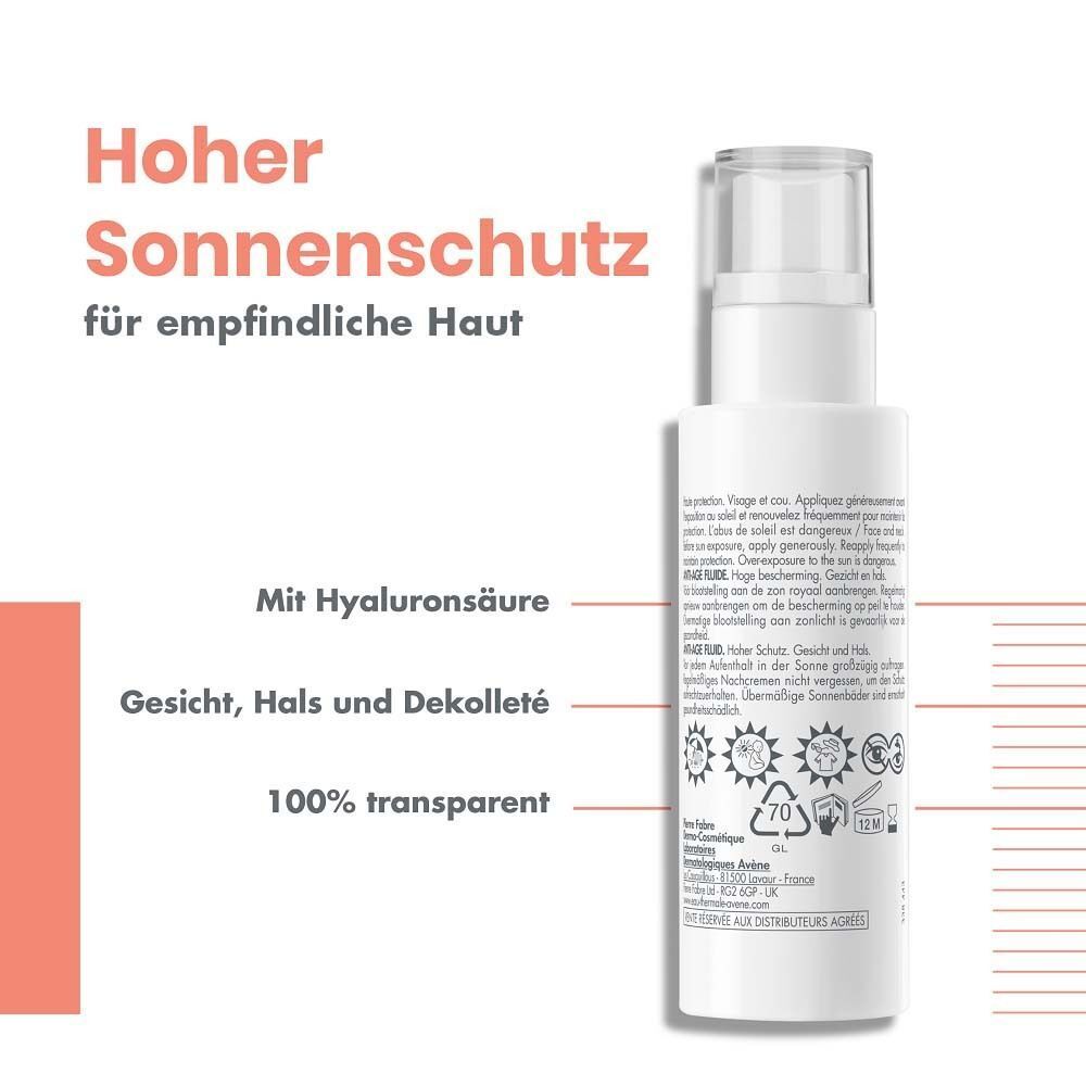 Rückseite einer weißen Flasche. Text: Hoher Sonnenschutz für empfindliche Haut, mit Hyaluronsäure, Gesicht, Hals und Dekolleté, 100% transparent.