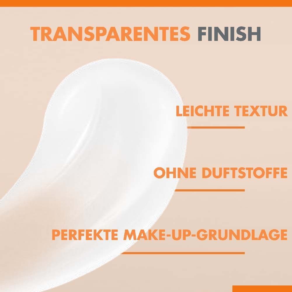 Nahaufnahme einer Creme. Text: Transparentes Finish, leichte Textur, ohne Duftstoffe, perfekte Make-up-Grundlage.