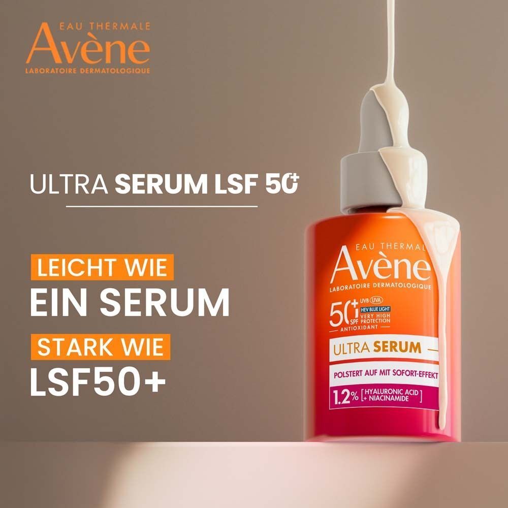 AVENE Ultra Serum SPF 50+ mit Pipette. Orange-rosa Flasche, Text: Ultra Serum, LSF 50+. Tropfendes Serum.